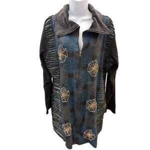 ✨ Leopards & Roses Boho XL Black Blue Embroidered Zip Jacket Cotton Nepal Tunic